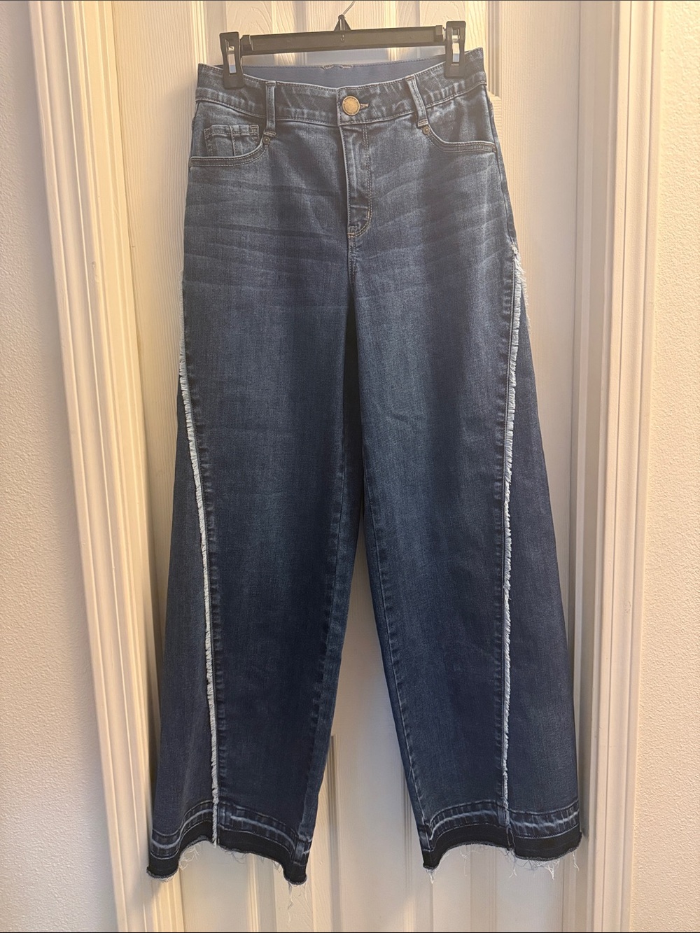 Democracy Two-Tone Dark Blue Wide Leg Jeans with Frayed Side Stripe